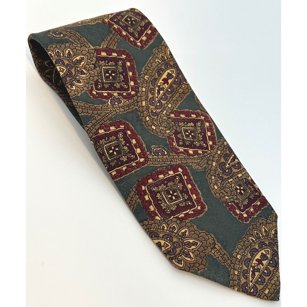 Robert Talbott Carmel Necktie Paisley Square Olive Green Burgundy‎ Silk Tie